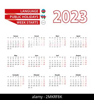 Kalender 2023 in aserbaidschanischer Sprache mit Feiertagen das Land Aserbaidschan im Jahr 2023. Die Woche beginnt am Montag. Vektordarstellung. Stock Vektor