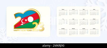 Horizontaler Taschenkalender 2023 in aserbaidschanischer Sprache. Symbolik Neujahr 2023 mit der Flagge Aserbaidschans. Vektorkalender. Stock Vektor