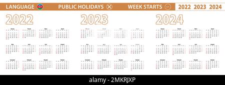 2022-, 2023-, 2024-Jahres-Vektorkalender in aserbaidschanischer Sprache, Woche beginnt am Sonntag. Vektorkalender. Stock Vektor