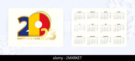 Horizontaler Taschenkalender 2023 in rumänischer Sprache. Symbolik Neujahr 2023 mit rumänischer Flagge. Vektorkalender. Stock Vektor