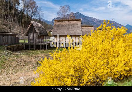 Stelzenhaus aus der Bronzezeit (Rekonstruktion) im Museum des Palafitte am Ledro-See. Molina di Ledro, Trento, Trentino Alto-Adige, Italien Stockfoto