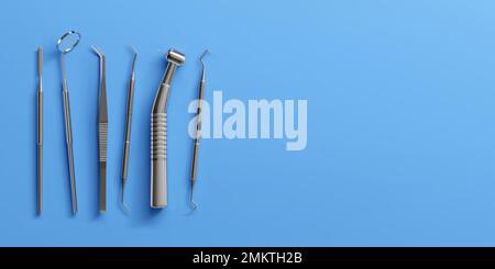 3D realistische professionelle zahnärztliche Werkzeugsätze für die zahnärztliche Untersuchung. Zahnpflege, Gesundheitskonzept. Medizinische Grundausrüstung aus Metall, Instrumentenansicht Stock Vektor