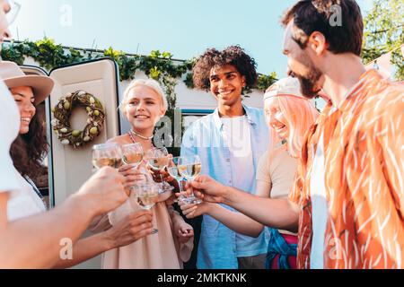 Freunde machen ein Picknick und stoßen mit Weingläsern an Stockfoto