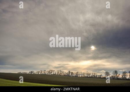 Wunderbare dichte graue Wolken mit Sonne in einer Landschaft mit Feldern und Bäumen Stockfoto