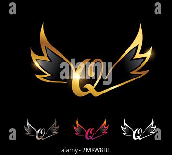 Ein Vektorbildsatz mit Golden Wings Monogramm Logo Anfangsbuchstabe Q Stock Vektor