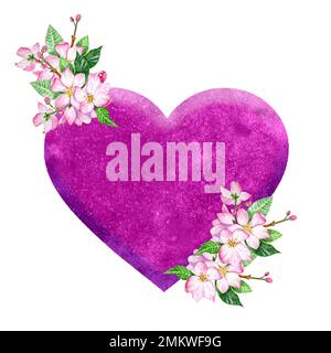 Purple Heart Mit Einer Handgezeichneten Apfelblütenillustration. Stockfoto