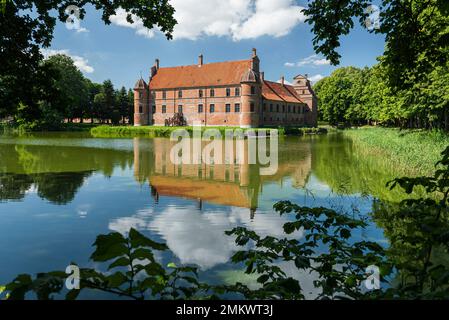 Dänemark, Jütland, Djursland: Die Renaissancefassade des Schlosses Rosenholm spiegelt sich im Wasser wider und wird von Blättern und Zweigen eingerahmt Stockfoto