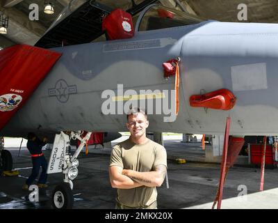 USA Air Force Airman 1. Class Sean Farestvedt, 67. Aircraft Maintenance Unit Crew Chief aus Katy, Texas, wurde zum 18. Flügelflugzeug der Woche am Kadena Air Base, Japan, gewählt. Das Programm „Airman of the Week“ bietet herausragende Airmen die Möglichkeit, von der Führung von KAB anerkannt zu werden und diese jungen Führungskräfte ihren Kollegen zu präsentieren. Stockfoto