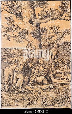 Der Rest auf dem Flug nach Ägypten. Xilografien bei Chiaroscuro 1509. Lucas Cranach der Ältere, berühmter Maler und Gravierer Stockfoto
