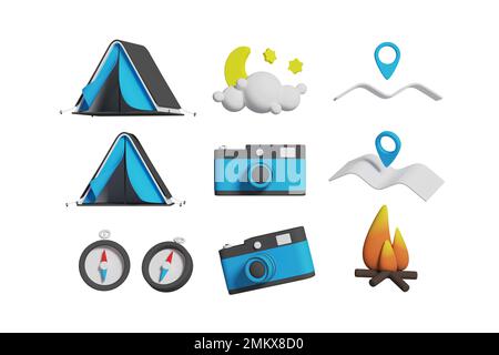 Campingzelt, Kamera, Kompas, Lagerfeuer, Standortschild, mond mit Wolke. Gruppe von Objekten auf weißem Hintergrund. Stockfoto