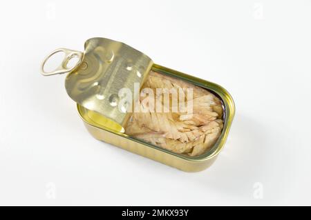 Aus einem hohen Winkel mit köstlicher Dosenmakrele auf weißem Hintergrund Stockfoto