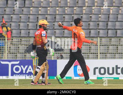 Nicht exklusiv: 28. Januar 2023 in Sylhet-Bangladesch: Bangladeschischer Linksarm-Spinner NASUM AHMED von Khulna Tigers-Team beim Heulen gegen Comilla Vic Stockfoto