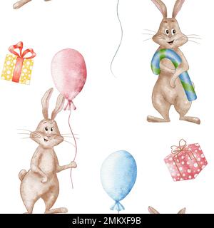 Wasserfarbenes nahtloses Muster mit süßen Kaninchen-Hasen. Illustration mit lustigen Hasen, Ballon und Geschenken Stockfoto