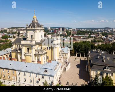 Ukraine, Stadtzentrum von Lemberg, alte Architektur, Drohnenfoto, Vogelperspektive Stockfoto