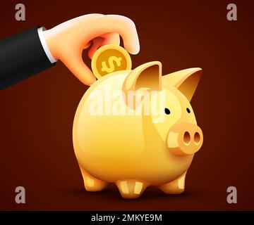 Die Hand steckt die Münze in ein Sparschwein. Symbol für Gewinn und Wachstum. Investitionen und Einsparungen. Vektordarstellung Stock Vektor