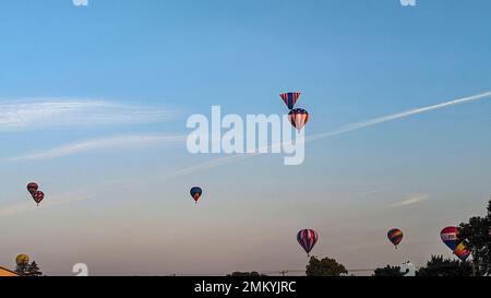 Abendlicher Start von Heißluftballons während eines Ballonfestivals am sonnigen Sommertag Stockfoto