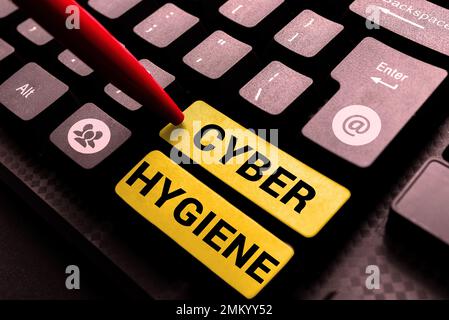 Schreiben Anzeigetext Cyber Hygiene. Konzeptionelle Fotoschritte, die Computerbenutzer Unternehmen, um ihre Cyber-Sicherheit zu verbessern Stockfoto