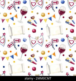 Nahtloses Karneval-Muster mit jüdischen Purim-Symbolen, Masken, Madilat Esther, Wein auf weißem Hintergrund für Geschenkpapier und Einladungen Stockfoto