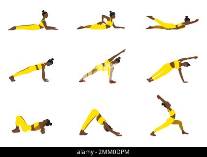 Afroamerikanische Zeichentrickfiguren, die Yoga-Posen machen. Schwarze amerikanerin in verschiedenen Yoga-Posen. Hübsches Mädchen im flachen Stil. Stockfoto