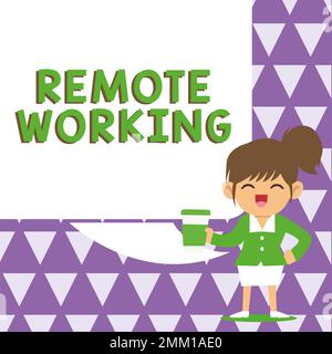 Textüberschrift für die Remote-Arbeit. Ein Wort für eine Situation, in der ein Mitarbeiter hauptsächlich von zu Hause aus arbeitet Stockfoto