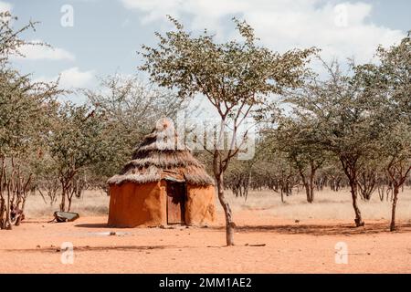 Nahaufnahme der traditionellen Hütte der himba-Stämme in Namibia, Afrika. Tupical himbas Haus aus rotem Ton und Bäumen Äste Stockfoto