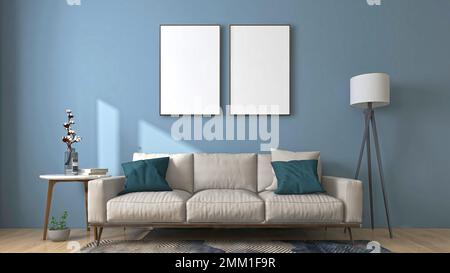 3D modern eingerichtetes Wohnzimmer mit blauen Wänden und weißem Sofa. Zwei Bilderrahmen an der Wand verleihen dem Raum Charakter. Stockfoto