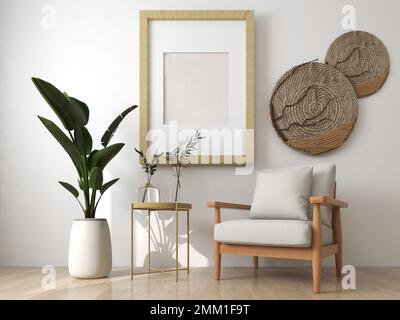 3D Mock-Up Living Room: Ein minimalistischer, japanisch inspirierter Raum mit klaren Linien und neutralen Tönen. Ein Bilderrahmen mit Erinnerungen wird angezeigt Stockfoto