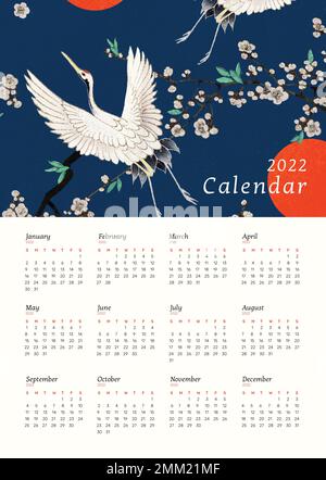 Vintage 2022 Monatskalender Vorlage, japanischer Mustervektor. Remix aus Vintage-Werken von Watanabe Seitei. Stock Vektor