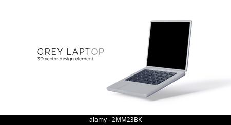 Ein silbernes Notebook-Modell mit schwarzer Tastatur und schwarzem Bildschirm. Realistisches Rendering moderner tragbarer Computer. Banner oder Präsentationsvorlage für Unternehmen. V Stock Vektor