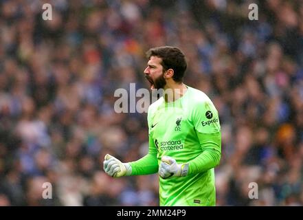 Der Torwart Alisson Becker in Liverpool feiert, nachdem Teamfreund Harvey Elliott (nicht abgebildet) während des vierten Spiels des Emirates FA Cup im AMEX Stadium, Brighton, das erste Tor seiner Seite erzielt hat. Foto: Sonntag, 29. Januar 2023. Stockfoto