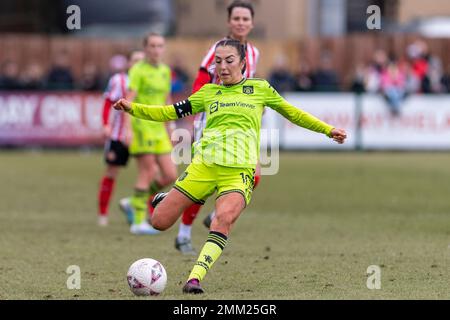 Hetton Le Hole, Großbritannien. 29. Januar 2023. Eppleton Colliery Fußballplatz Katie Zelem von Manchester United in Aktion beim FA-Cup-Spiel für Frauen zwischen Sunderland und Manchester United auf dem Eppleton Colliery Fußballplatz in Hetton-le-Hole, England (Richard Callis/SPP) Kredit: SPP Sport Press Photo. Alamy Live News Stockfoto