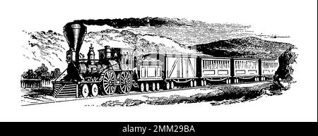 Eine Gravur der Dampfeisenbahn aus dem 19. Jahrhundert. Veröffentlicht in Probe-Album, Buchdruckerei Julius Klinkhardt, Leipzig, Deutschland (1881). Stockfoto