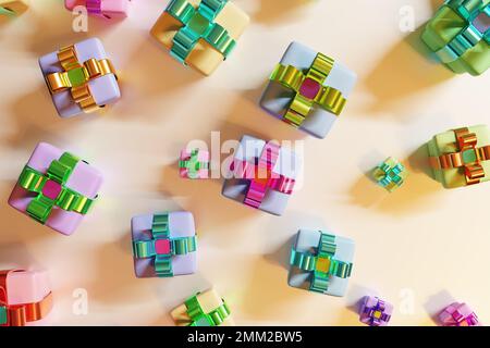 Bunte Geschenkboxen auf pastellfarbenem Beige Hintergrund. Draufsicht 3D-Rendern Stockfoto