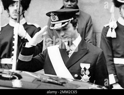 Carl XVI Gustaf, König von Schweden. Geboren am 30. april 1946. Am 25. september 1973 bei der Beerdigung seines Großvaters König Gustaf VI. Adolf. Stockfoto