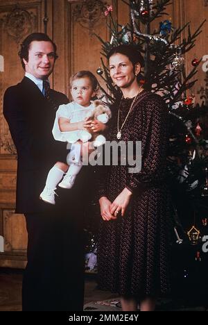 Carl XVI Gustaf, König von Schweden. Geboren am 30. april 1946. Bilder mit Königin Silvia und Kronprinzessin Victoria bei der jährlichen weihnachtsfotosession 1978. Stockfoto