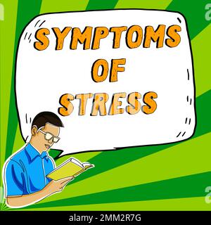 Text mit inspirierenden Symptomen von Stress. Das Internetkonzept dient als Symptom oder Zeichen, besonders für etwas unerwünschtes Stockfoto
