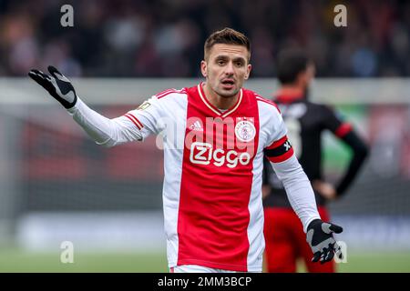 ROTTERDAM, NIEDERLANDE - JANUAR 29: Dusan Tadic of Ajax reagiert auf das niederländische Eredivisie-Spiel zwischen Excelsior Rotterdam und Ajax im Van Donge & De Roo Stadion am 29. Januar 2023 in Rotterdam, Niederlande (Foto von Peter Lous/Orange Pictures) Stockfoto