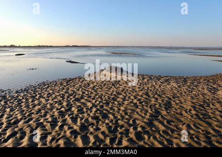 Sands-Wohnungen bei Ebbe in West Wittering, West Sussex, Großbritannien. Stockfoto