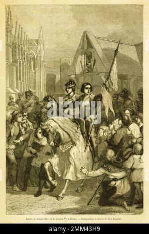 Die Abbildung zeigt Jeanne d'Arc und Karl VII, wie sie Reims für seine Krönung im Jahr 1429 betreten. Veröffentlicht in Le Magasine Pittoresque Paris, 1861. Stockfoto