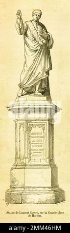 Gravur der Statue von Laurens Janszoon Coster auf dem Grote Markt in Haarlem, Amsterdam. Coster ist der Erfinder der Druckerpresse. Stockfoto