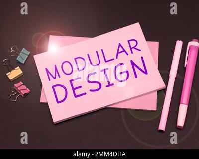 Inspiration mit dem Schild „Modulares Design“. Wort für Produktkonstruktion zur Herstellung eines Produkts durch Integration oder Kombination unabhängiger Teile Stockfoto