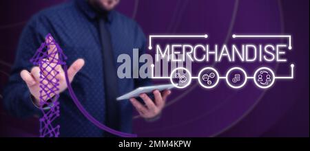 Inspiration mit Werbeartikeln. Wort für die Waren oder Waren, die im Geschäft gekauft und verkauft werden Stockfoto