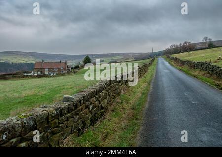 Sie nähern sich der berühmten Radtour Hill Climb Blakey Bank (Long Lane), die in der Ferne von den Church Houses in Farndale zu sehen ist. North York Moors, England, U Stockfoto