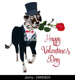 Süßer dalmatinischer Hund mit Rosenblume für Valentinskarte, Vektor Stock Vektor