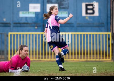 London, Großbritannien. 29. Januar 2023. Champion Hill Rebecca May (11 Dulwich Hamlet) feiert das zweite Tor ihres Teams beim London and South East Regional Womens League Cup zwischen Dulwich Hamlet und Ebbsfleet bei Champion Hill in London, England. (Liam Asman/SPP) Kredit: SPP Sport Press Photo. Alamy Live News Stockfoto