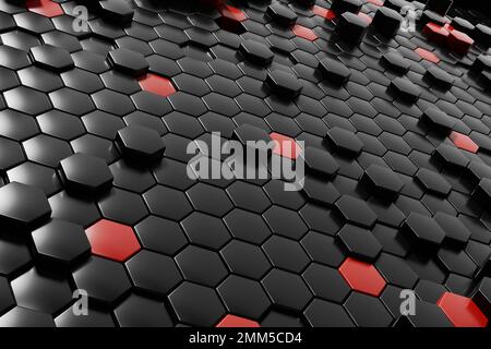 Abstraktes schwarzes Sechseck mit rotem Hintergrund 3D-Rendering Stockfoto