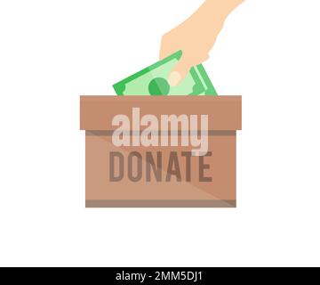 Spendenbox und Wohltätigkeitskonzept. „Human Hand Putting Money Cash“-Logo. Symbol „Geld spenden“. Symbol für Zahlungsanzeige. Spendenkonzept. Stock Vektor