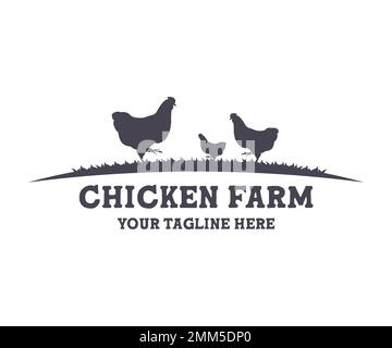 Hühnerfarm, Viehzucht, klassisches Logo des Bauernhofs. Minimallandwirtschaft, Landwirtschaft, Hühnerzucht, Hühnerfütterung. Vektordesign der Geflügelhaltung. Stock Vektor