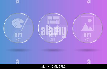 3D NFT-Token rund transparente Karten in der Kryptografie. NFT-Karten mit Kunst. Ein nicht fungierbares Token mit Informationen aus der Blockkette. ERC20. vektor eps Stock Vektor