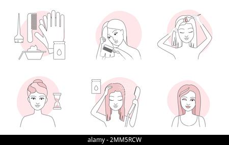 Anweisungen zum Färben der Haare dünne Strichsymbole stellen die Vektordarstellung ein. Outline-Mädchen mit Handschuhen, Pinsel und Farbstoffverpackung zum Auftragen von Creme-Farbstoff, Infografik zum Ändern der Haarfarbe zu Hause Stock Vektor